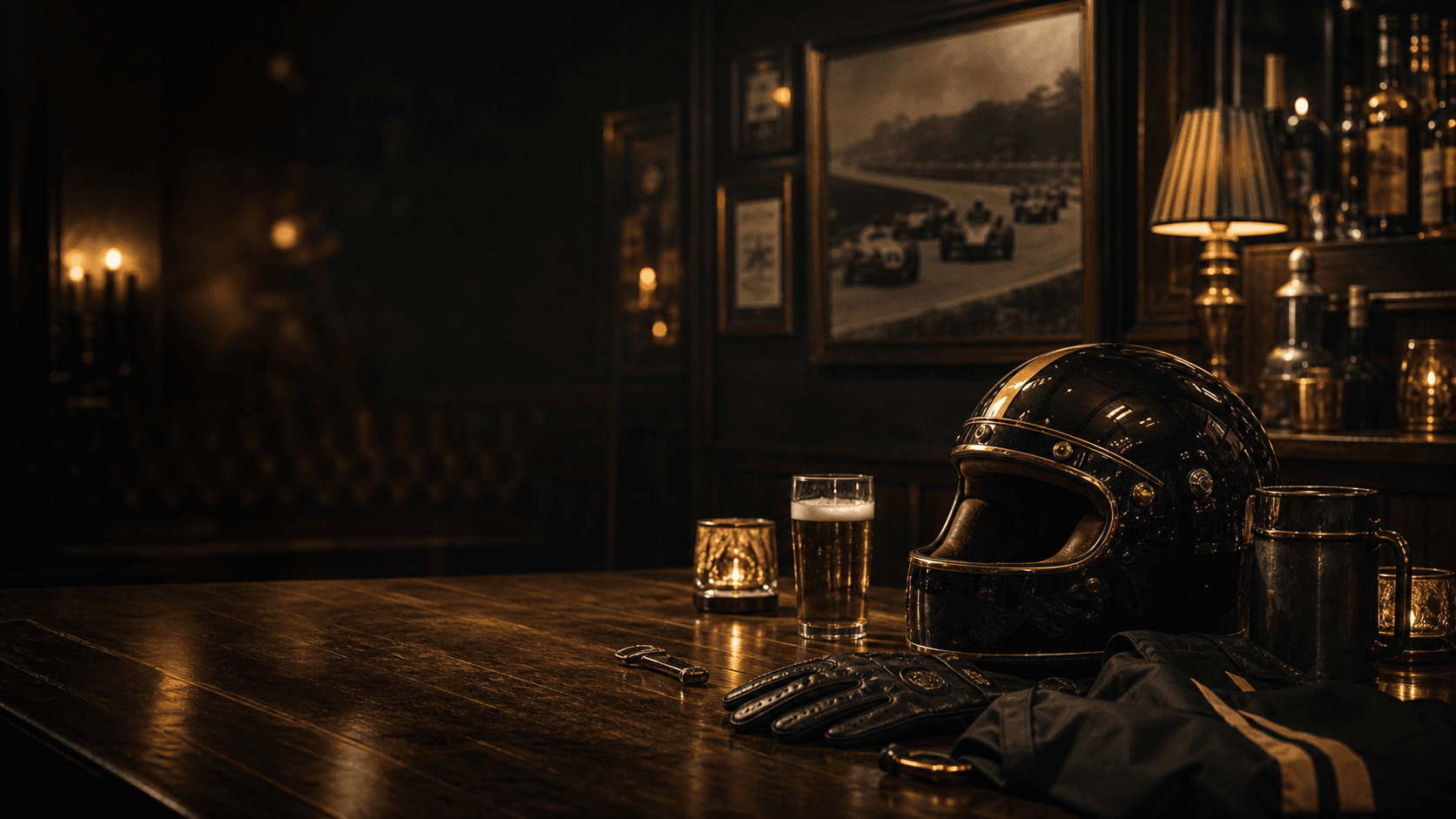 Mörk pubmiljö med ölglas, racingdetaljer och guldtoner
