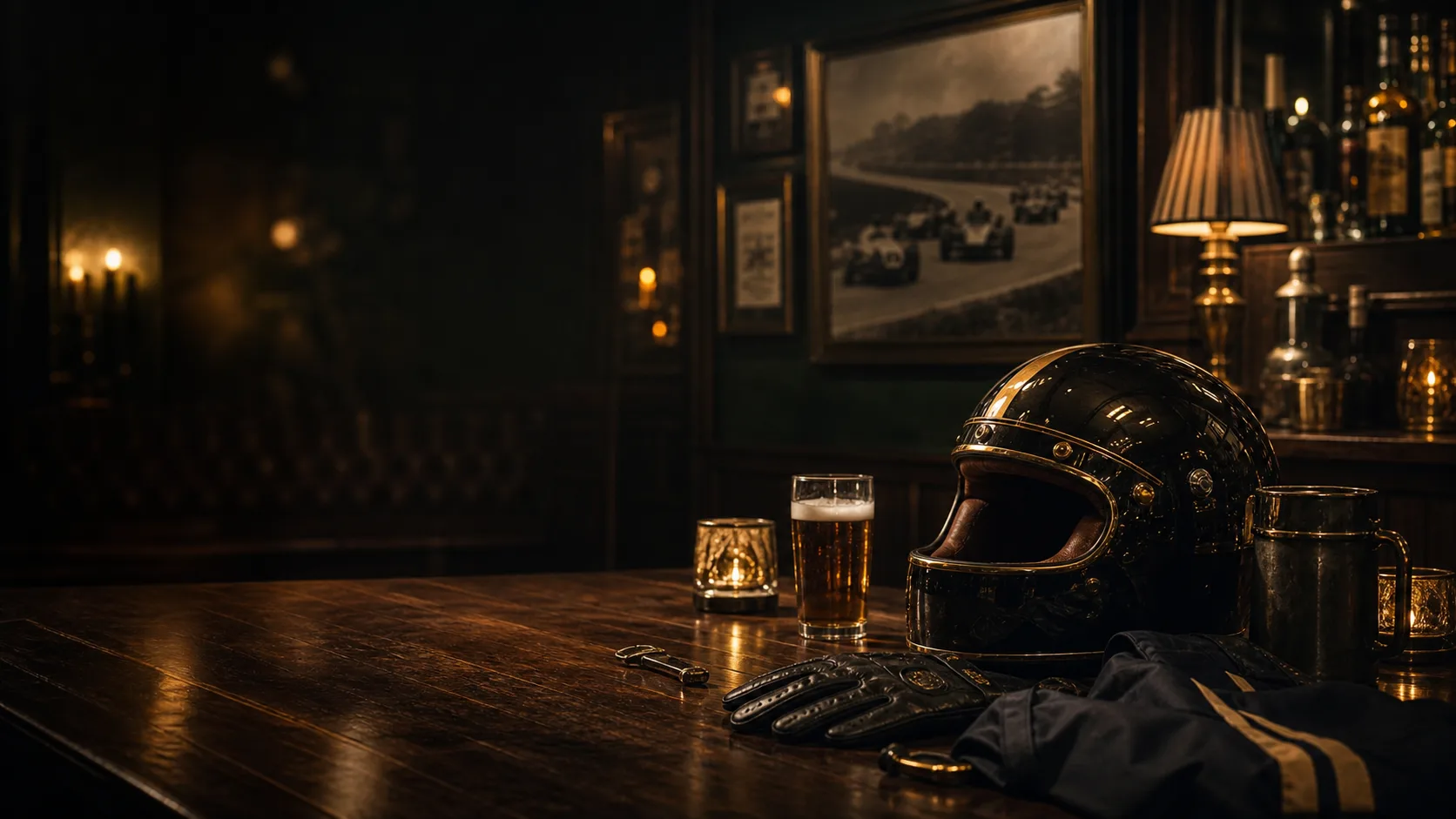 Mörk pubmiljö med ölglas, racingdetaljer och guldtoner